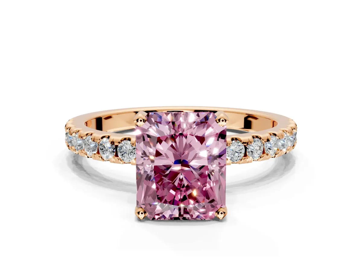 Solitaire Engagement Ring Setting for Fancy Pink Radiant Cut Center with Band of Accents and Prong Head in Rose Gold