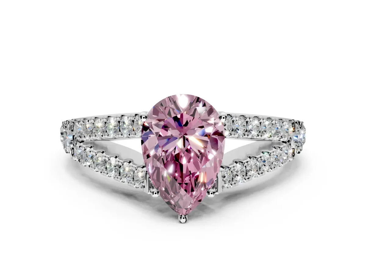Solitaire Engagement Ring Setting for Fancy Pink Pear-Shaped Center with Pave Split Shank and Prong Head in Sterling Silver