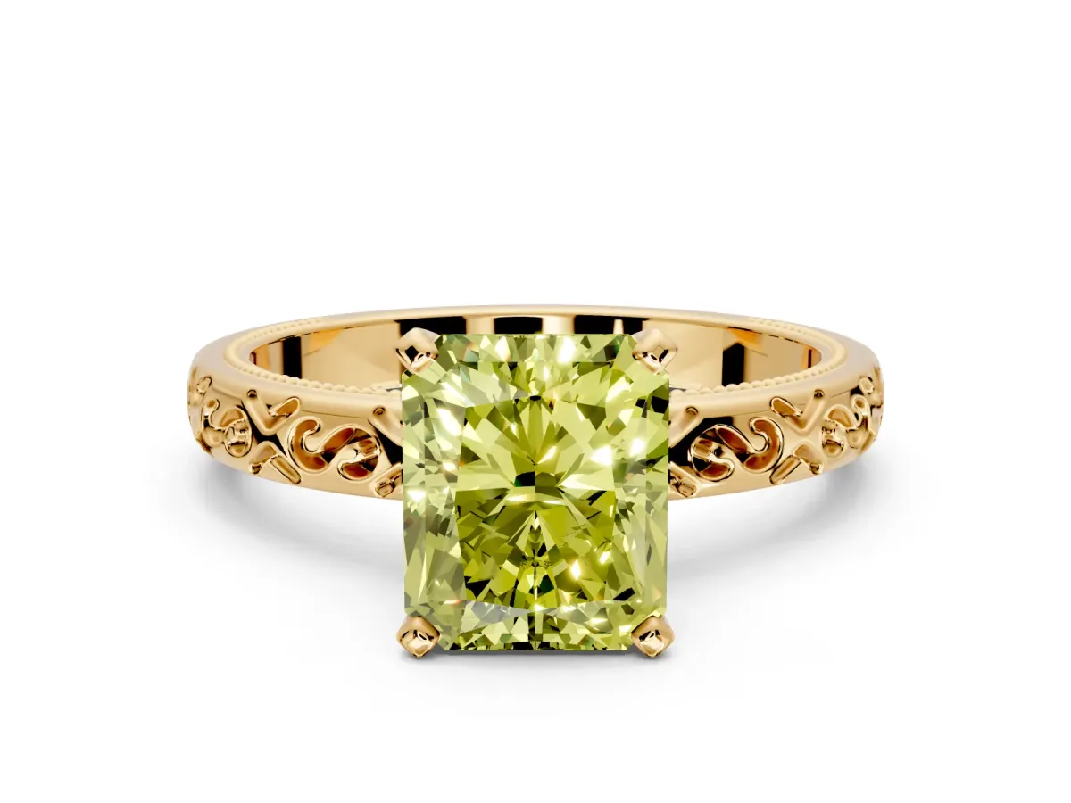 Solitaire Engagement Ring Setting for Fancy Yellow Radiant Cut Center with Scrollwork Band and Prong Head in Yellow Gold