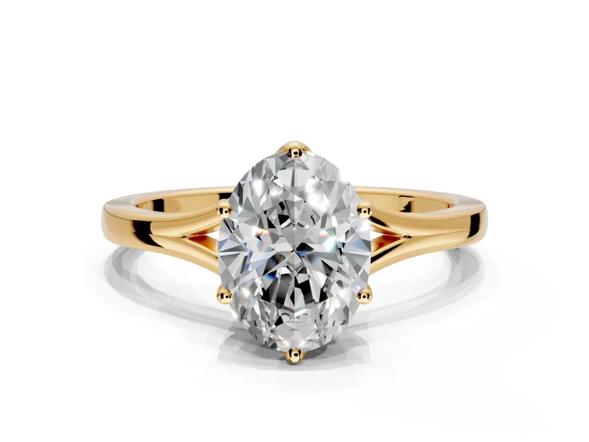 Solitaire Engagement Ring Setting for Oval Center with Plain Split Shank and Prong Head in Yellow Gold
