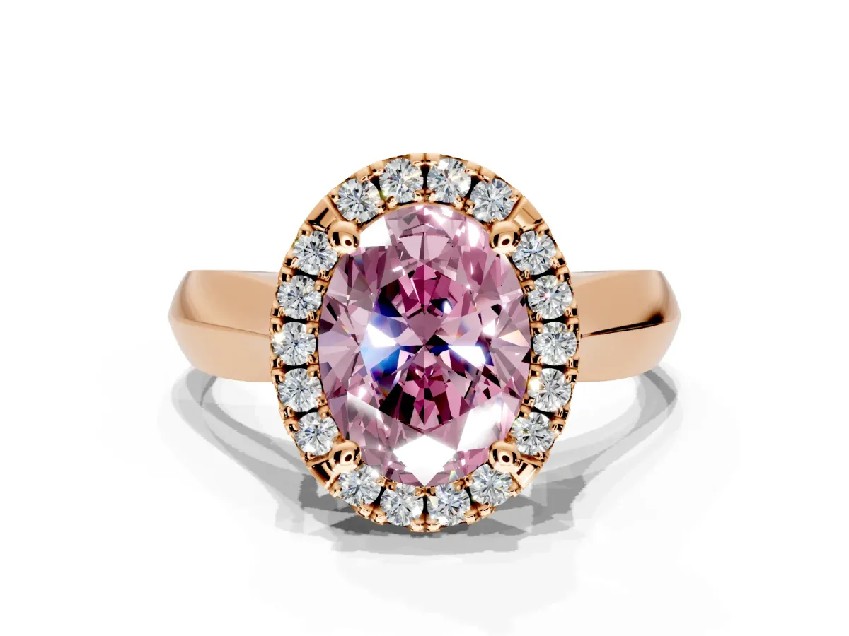 Halo Engagement Ring Setting for Fancy Pink Oval Center with Square Band and Prong Head in Rose Gold
