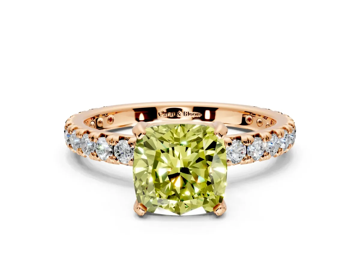 Solitaire Engagement Ring Setting for Fancy Yellow Cushion Cut Center with Shared-Prong Accents and Prong Head in Rose Gold