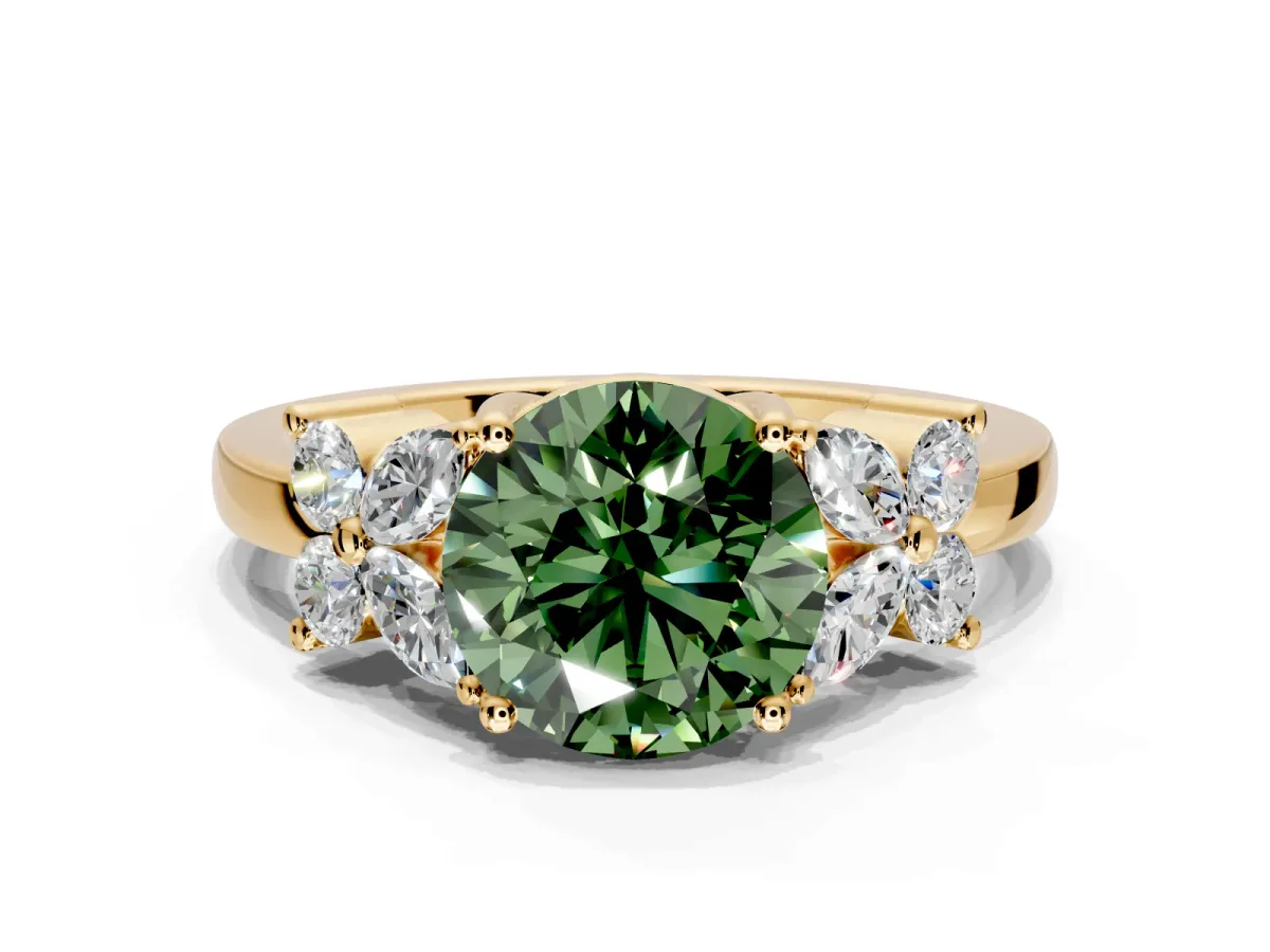Floral Engagement Ring Setting for Fancy Green Round Cut Center with Marquise Cluster Shoulders and Prong Head in Yellow Gold