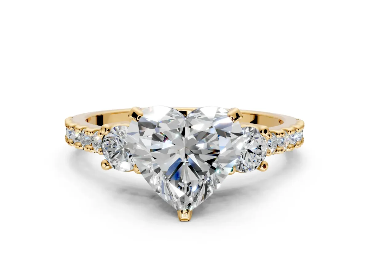 3 Stone Engagement Ring Setting for Heart-Shaped Center with Round Cut Side Accents and Prong Head in Yellow Gold