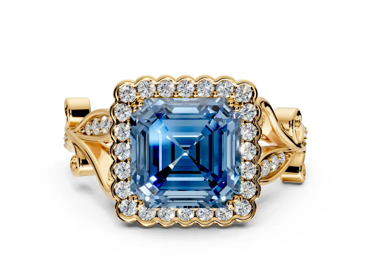 Halo Engagement Ring Setting for Fancy Blue Asscher Cut Center with Leaf Motif Split Shank and Prong Head in Yellow Gold