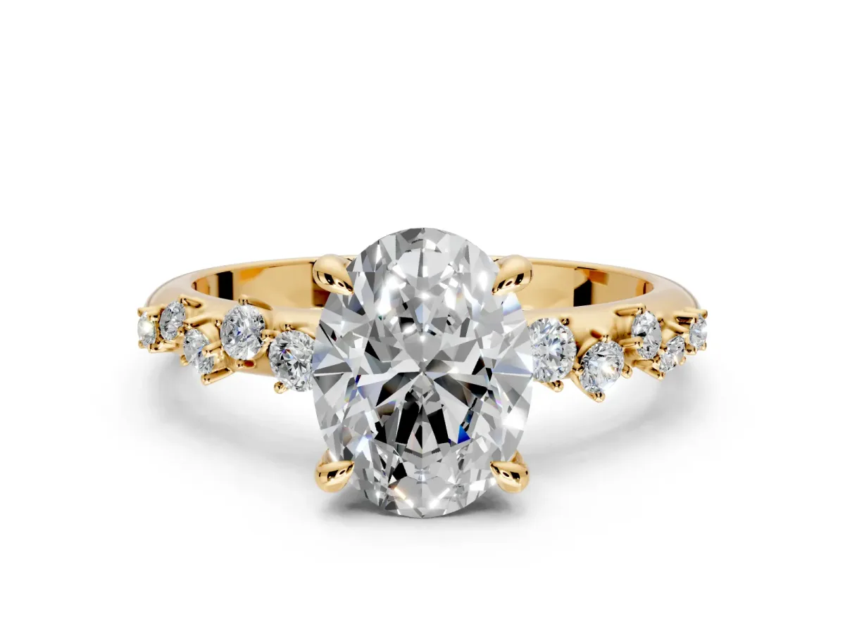 Solitaire Engagement Ring Setting for Oval Center with Trailing Leaf Accent Band and Prong Head in Yellow Gold