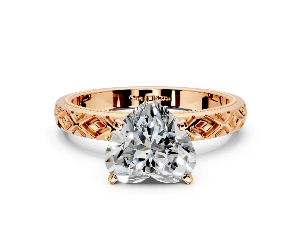 Solitaire Engagement Ring Setting for Heart-Shaped Center with Milgrain X Pattern Band and Prong Head in Rose Gold