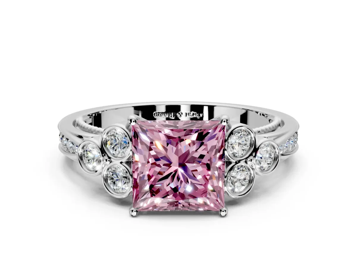 Cluster Engagement Ring Setting for Fancy Pink Princess Cut Center with Bezel Accent Clusters and Prong Head in Platinum