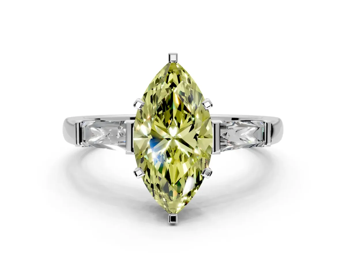 3 Stone Engagement Ring Setting for Fancy Yellow Marquise Center with Tapered Baguettes, Plain Band and Prong Head in White Gold
