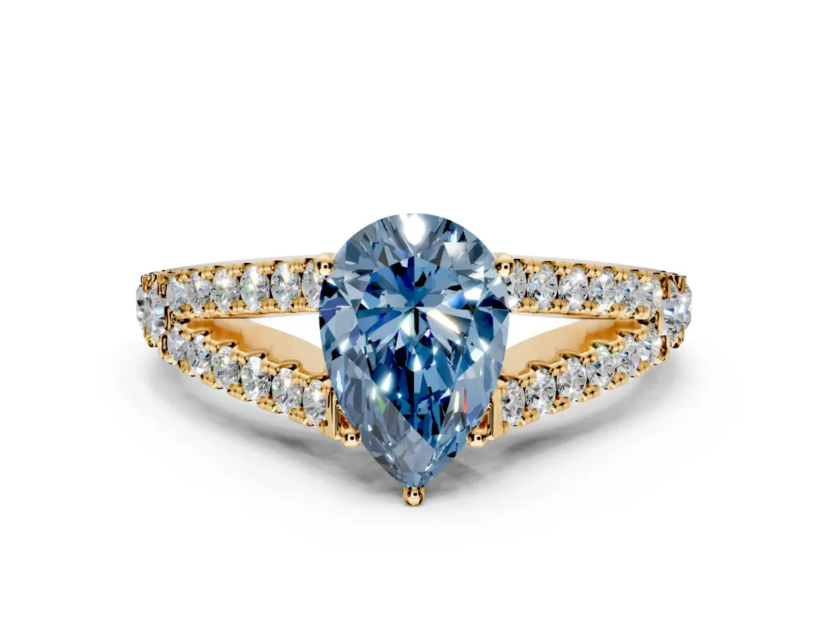 Solitaire Engagement Ring Setting for Fancy Blue Pear-Shaped Center with Pave Split Shank and Prong Head in Yellow Gold