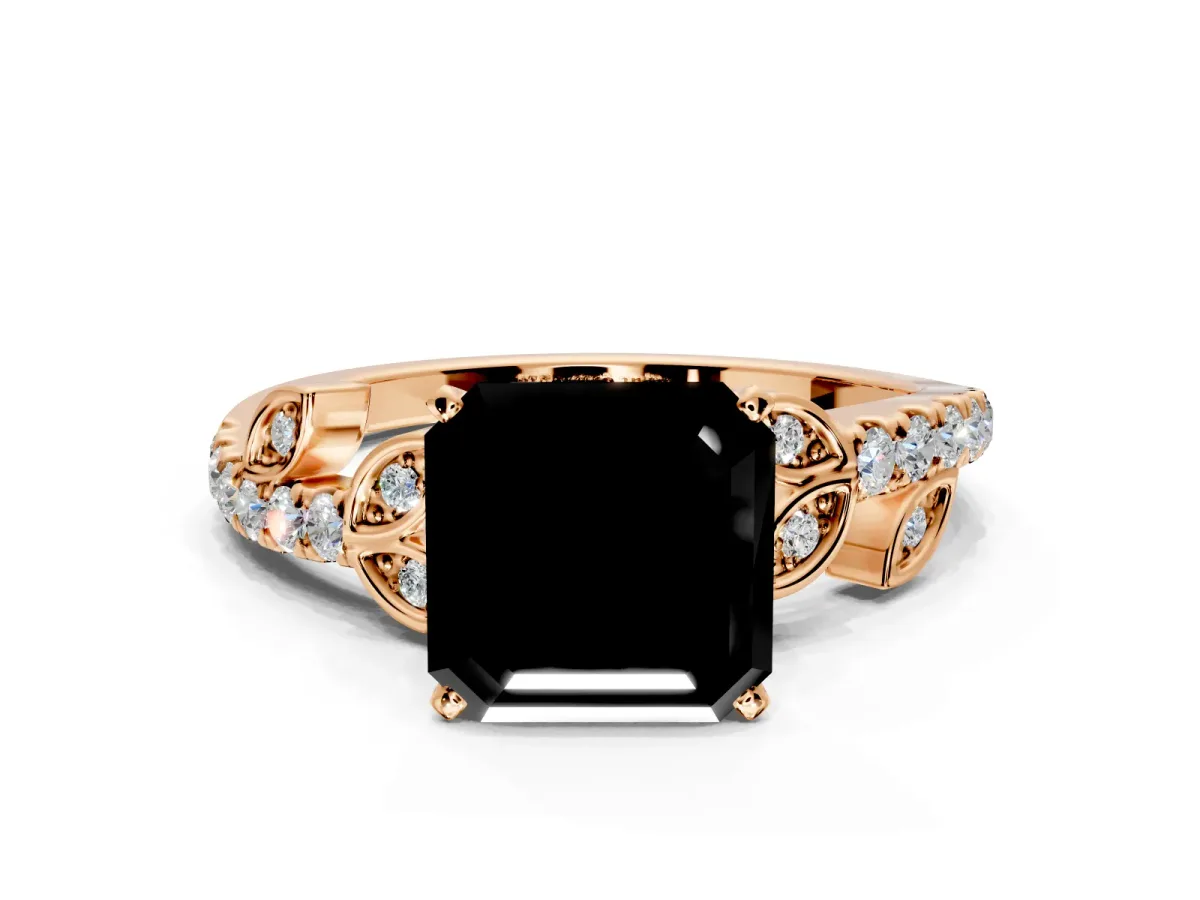 Leaf Motif Engagement Ring Setting for Fancy Black Asscher Cut Center with Pave Band and Prong Head in Rose Gold