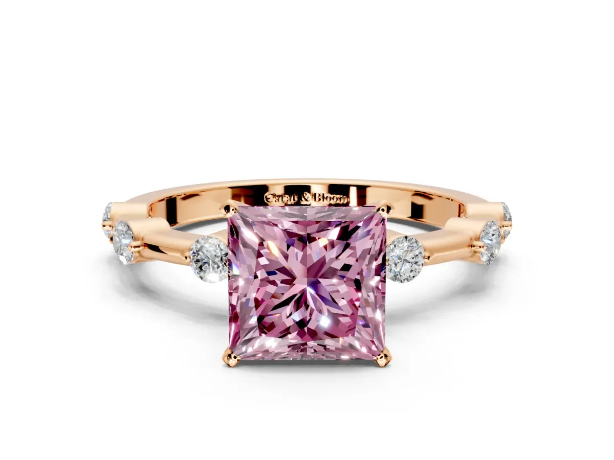 Solitaire Engagement Ring Setting for Fancy Pink Princess Cut Center with Bezel Station Band and Prong Head in Rose Gold