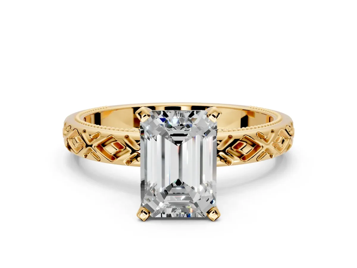 Solitaire Engagement Ring Setting for Emerald Cut Center with Milgrain X Pattern Band and Prong Head in Yellow Gold