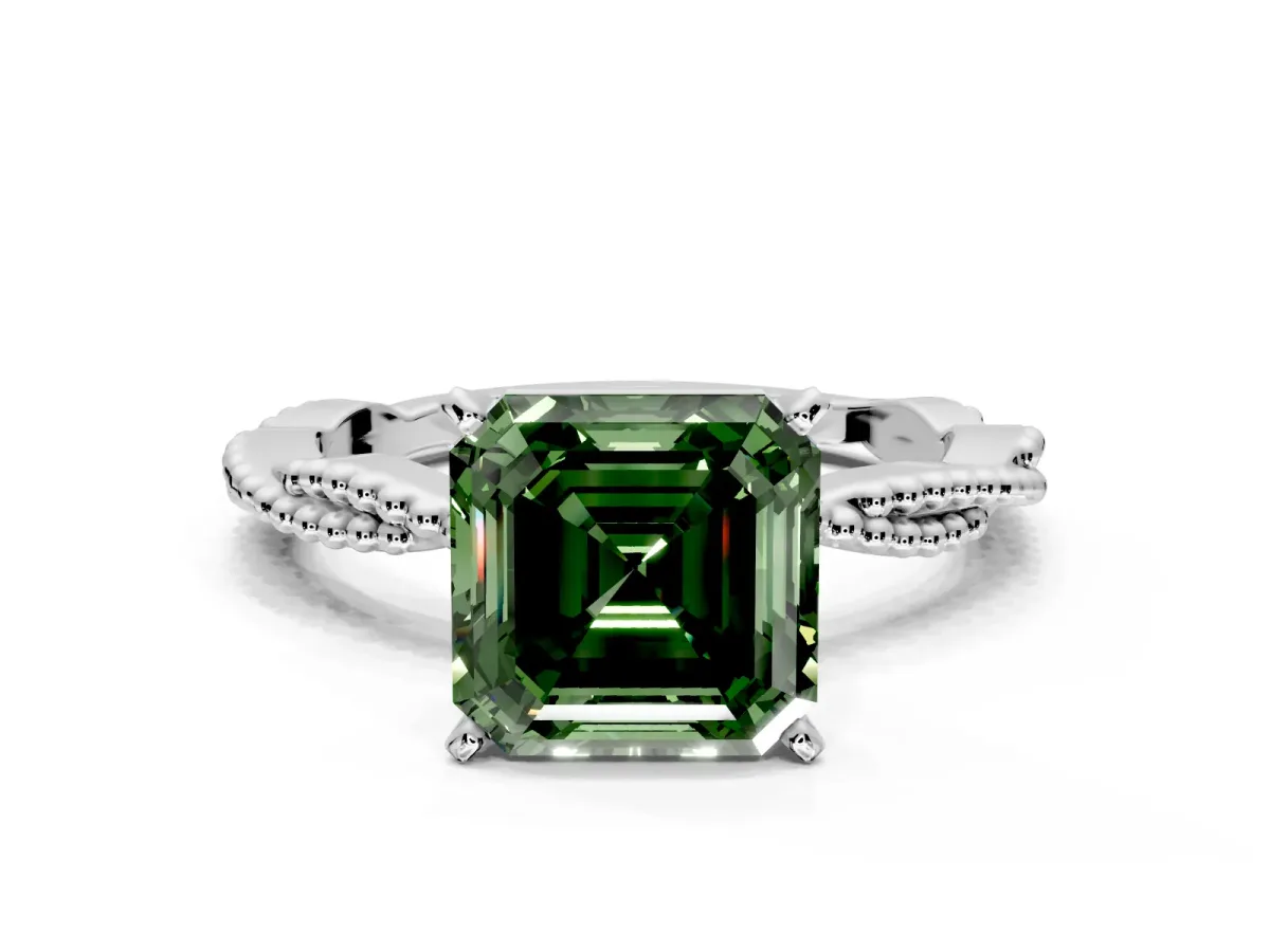 Solitaire Engagement Ring Setting for Fancy Green Asscher Cut Center with Twist Band and Bead Prong Head in Platinum