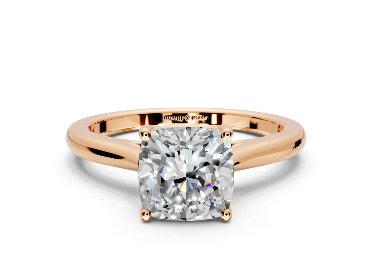 Solitaire Engagement Ring Setting for Cushion Cut Center with Narrow Cathedral Band and Prong Head in Rose Gold