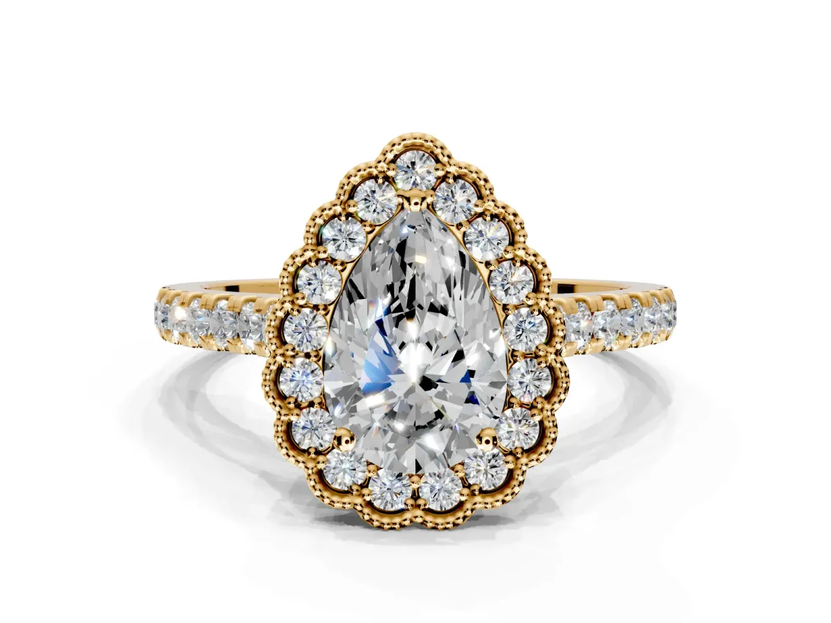Milgrain Floral Halo Engagement Ring Setting for Pear-Shaped Center with Pave Band and Prong Head in Yellow Gold