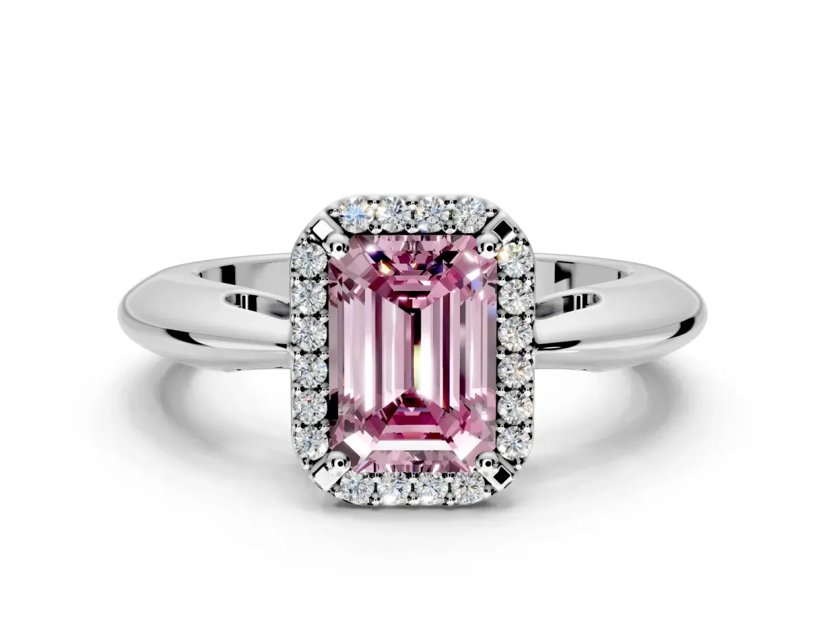 Halo Engagement Ring Setting for Fancy Pink Emerald Cut Center with Tapered Plain Band and Prong Head in Platinum