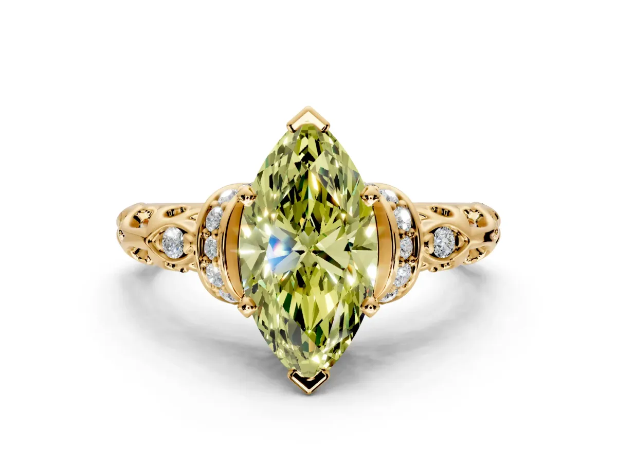 Solitaire Engagement Ring Setting for Fancy Yellow Marquise Center with Filigree Band and Prong Head in Yellow Gold