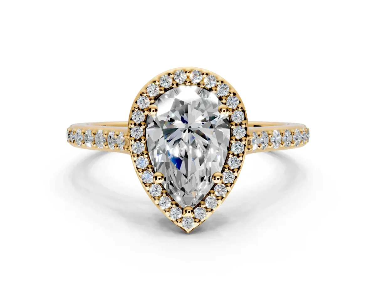 Halo Engagement Ring Setting for Pear-Shaped Center with Pave Accents, Heart Basket and Prong Head in Yellow Gold