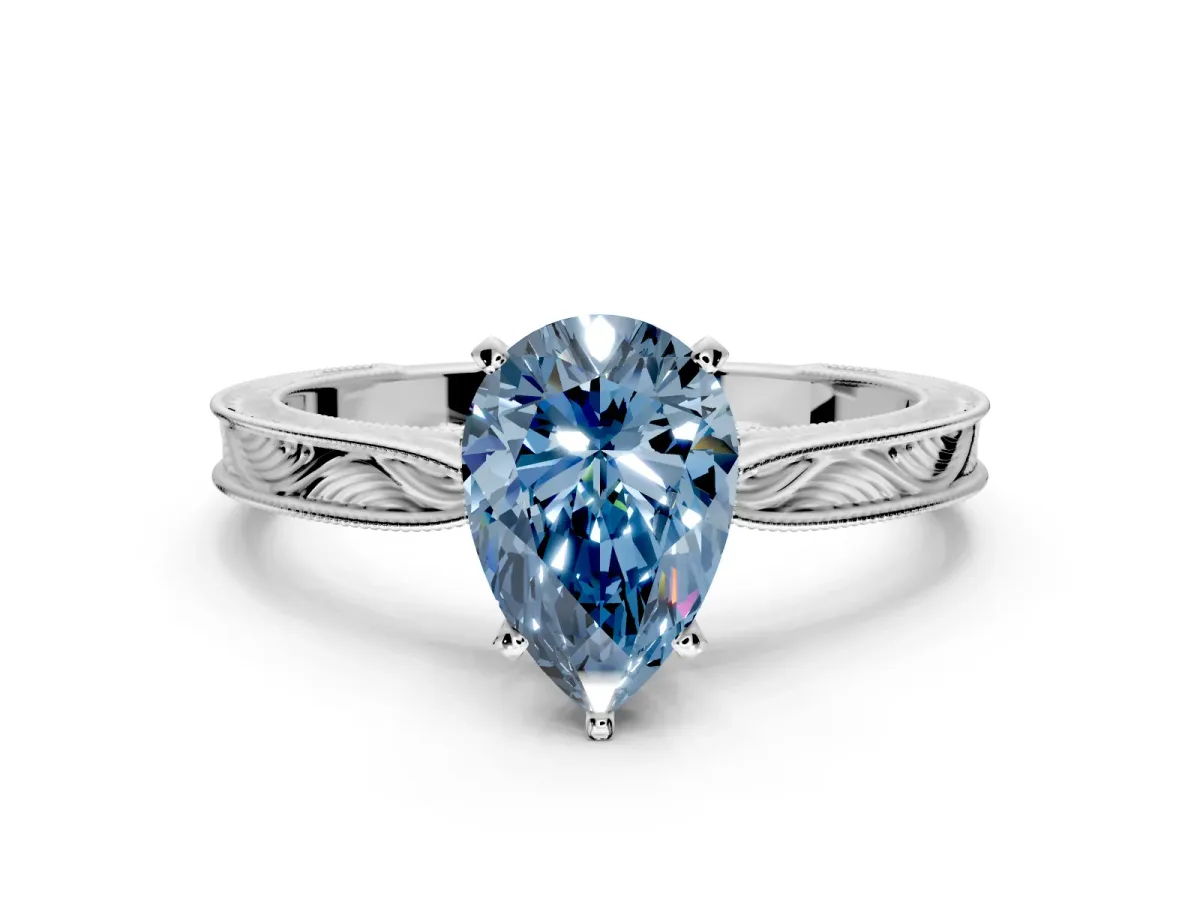 Solitaire Engagement Ring Setting for Fancy Blue Pear-Shaped Center with Engraved Milgrain Band and Prong Head in White Gold