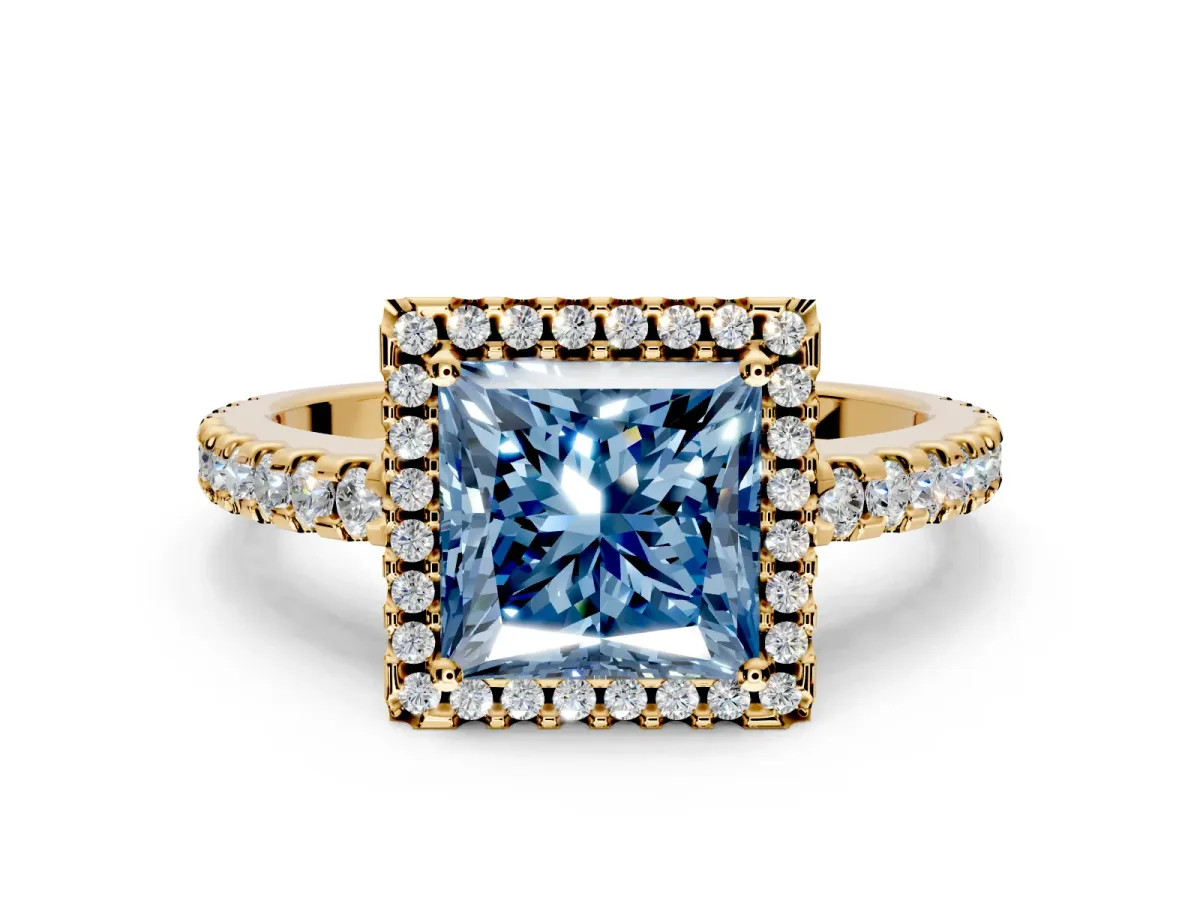 Accent Halo Engagement Ring Setting for Fancy Blue Princess Cut Center with Full-Length Pave Band and Prong Head in Yellow Gold