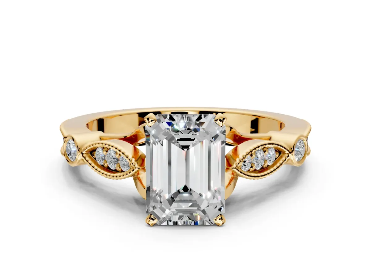 Solitaire Engagement Ring Setting for Emerald Cut Center with Marquise and Bezel Accents and Prong Head in Yellow Gold