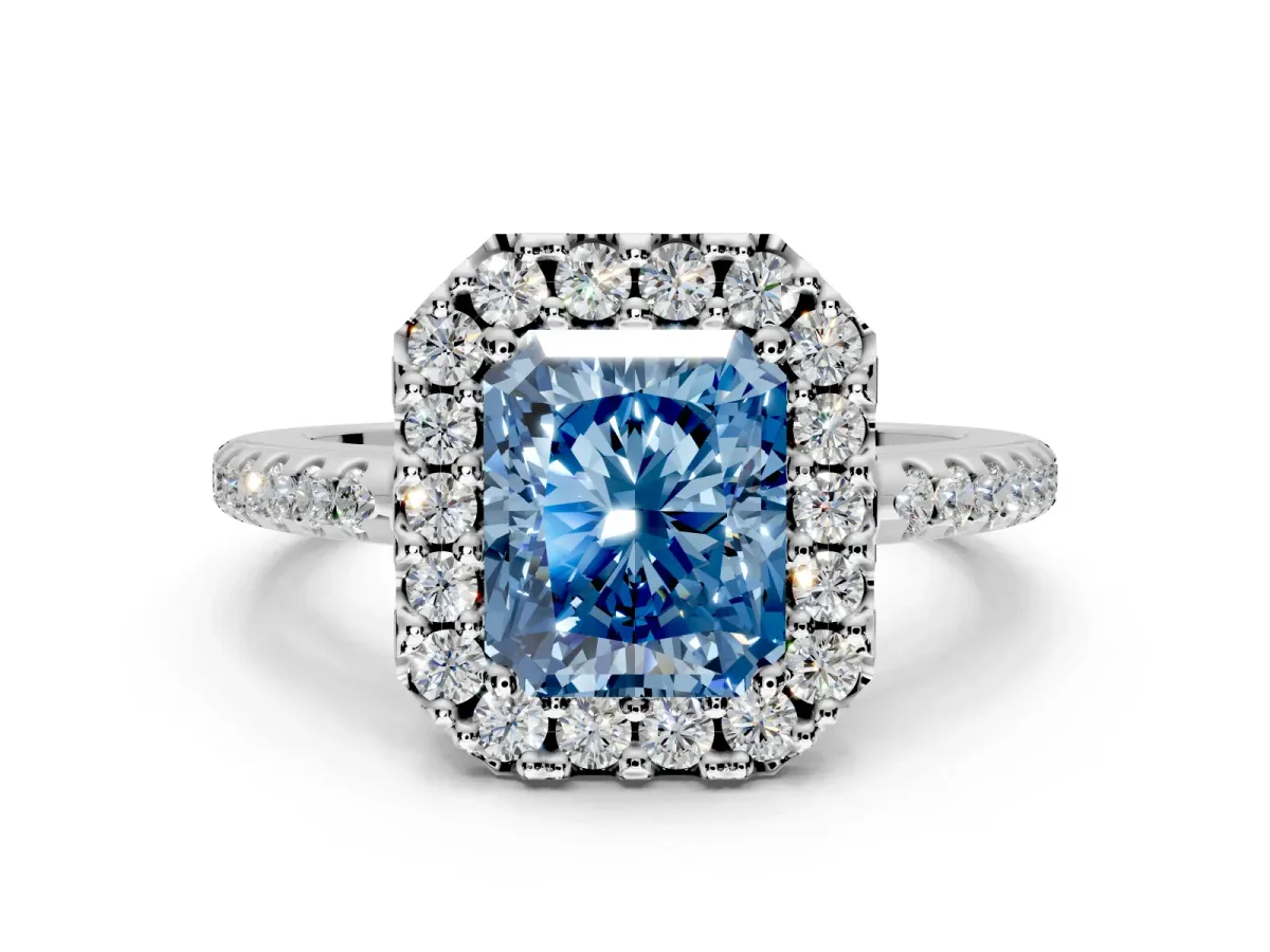 Pave Halo Engagement Ring Setting for Fancy Blue Radiant Cut Center with Single Row Pave Band and Prong Head in Platinum