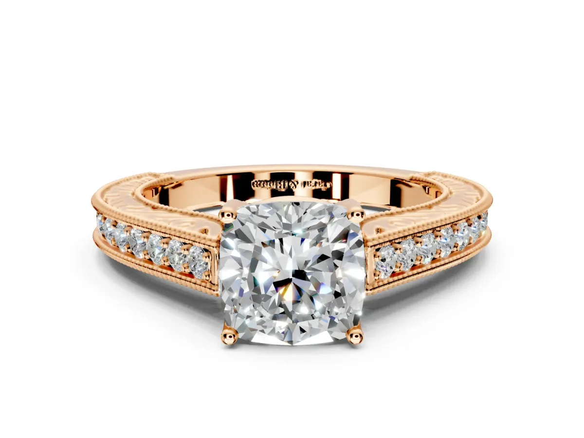 Solitaire Engagement Ring Setting for Cushion Cut Center with Engraved Pave Band and Prong Head in Rose Gold