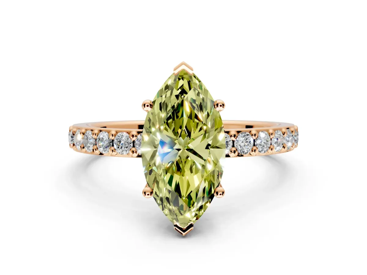 Solitaire Engagement Ring Setting for Fancy Yellow Marquise Center with Round Cut Pave Band and Prong Head in Rose Gold