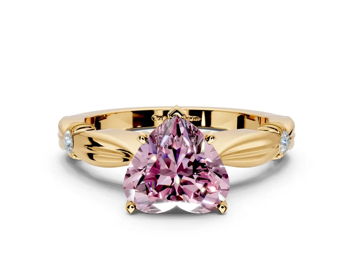 Solitaire Engagement Ring Setting for Fancy Pink Heart-Shaped Center with Carved Leaf Shoulders and Prong Head in Yellow Gold