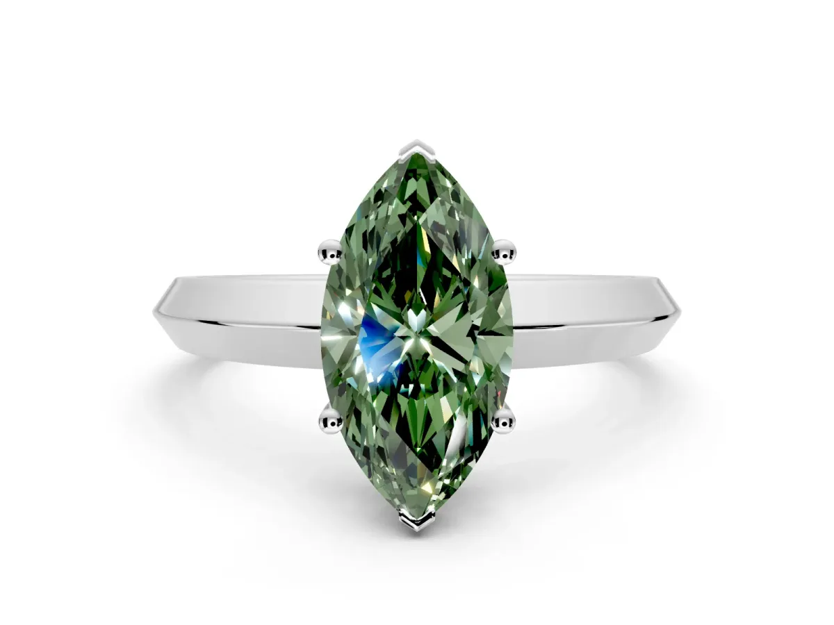 Solitaire Engagement Ring Setting for Fancy Green Marquise Center with Wide Knife Ridge Band and Prong Head in White Gold