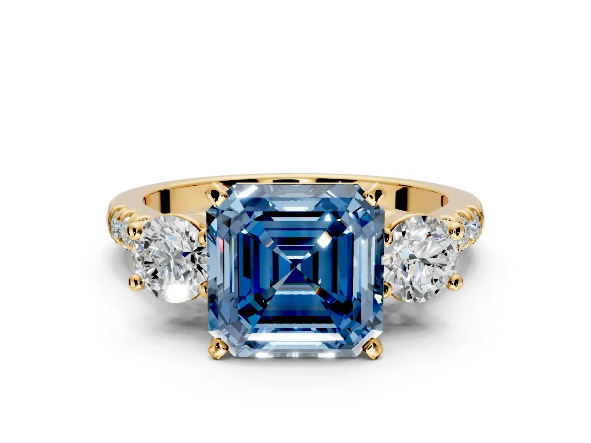 3 Stone Engagement Ring Setting for Fancy Blue Asscher Cut Center with Crossover Basket, Pave Band and Prong Head in Yellow Gold
