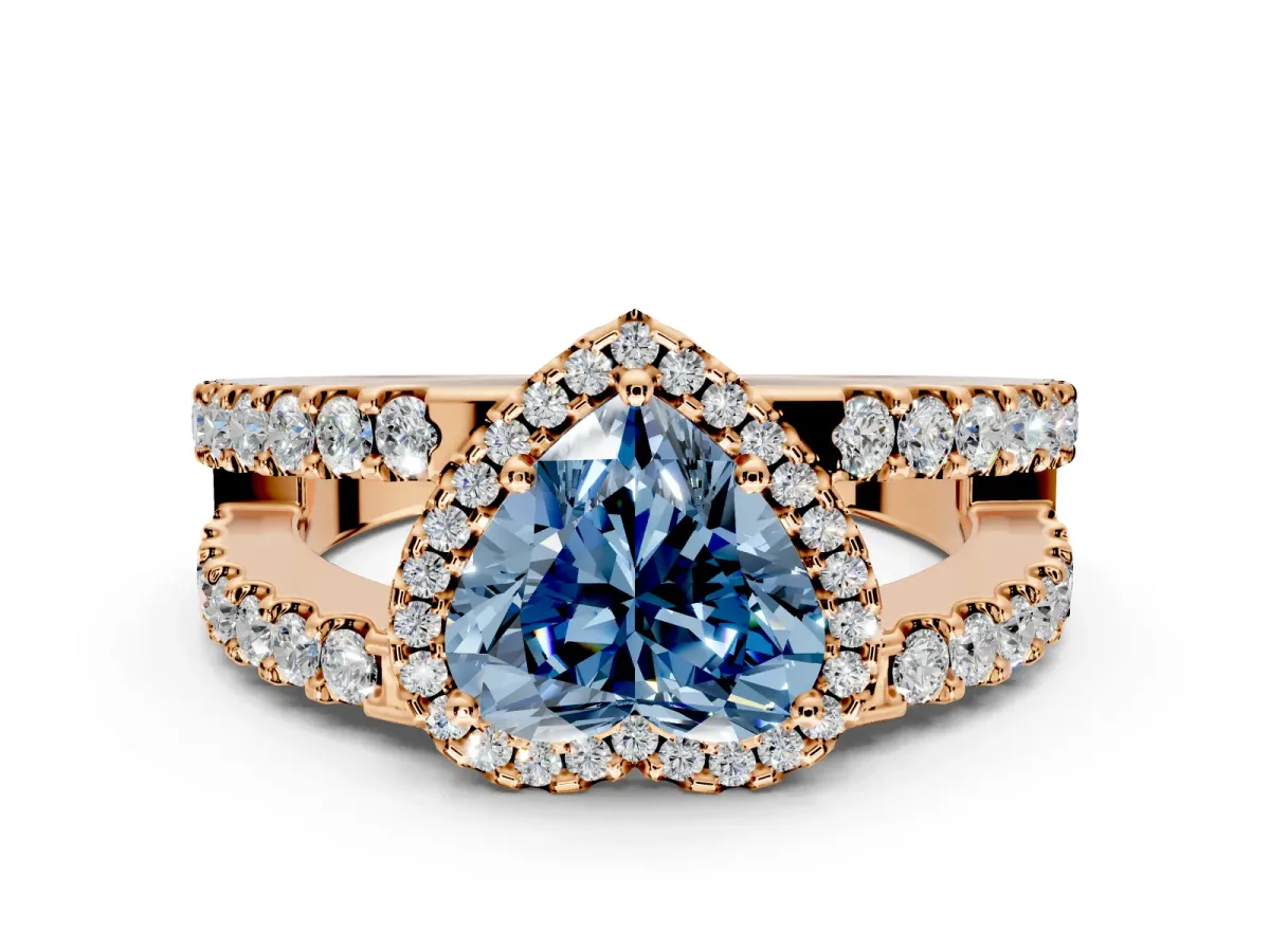 Halo Engagement Ring Setting for Fancy Blue Heart-Shaped Center with Wide-Open Pave Split Shank and Prong Head in Rose Gold
