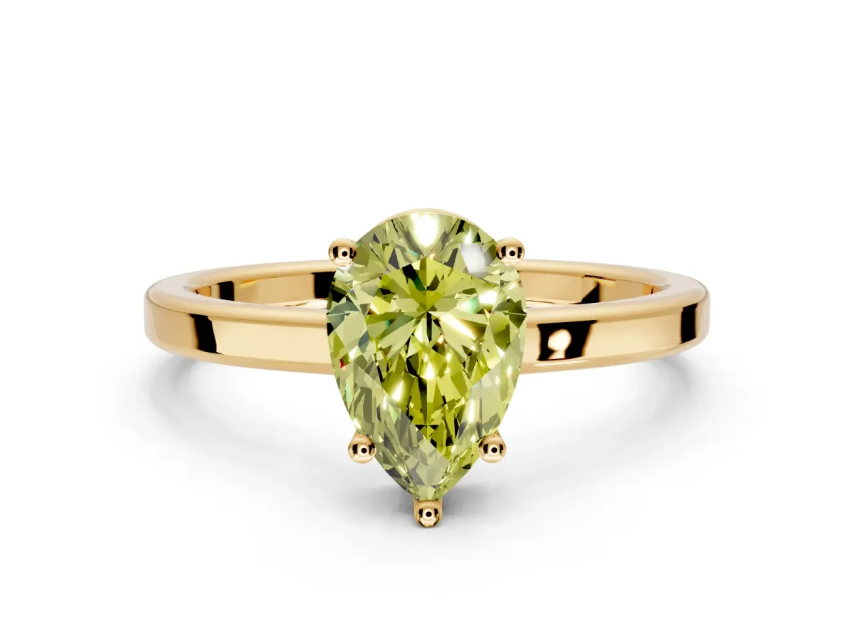 Hidden Halo Engagement Ring Setting for Fancy Yellow Pear-Shaped Center with Wide Flat Plain Band and Prong Head in Yellow Gold