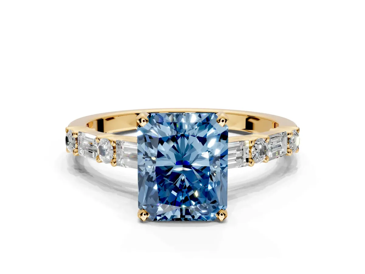 Baguette Engagement Ring Setting for Fancy Blue Radiant Cut Center with Alternating Bar-Set Band and Prong Head in Yellow Gold