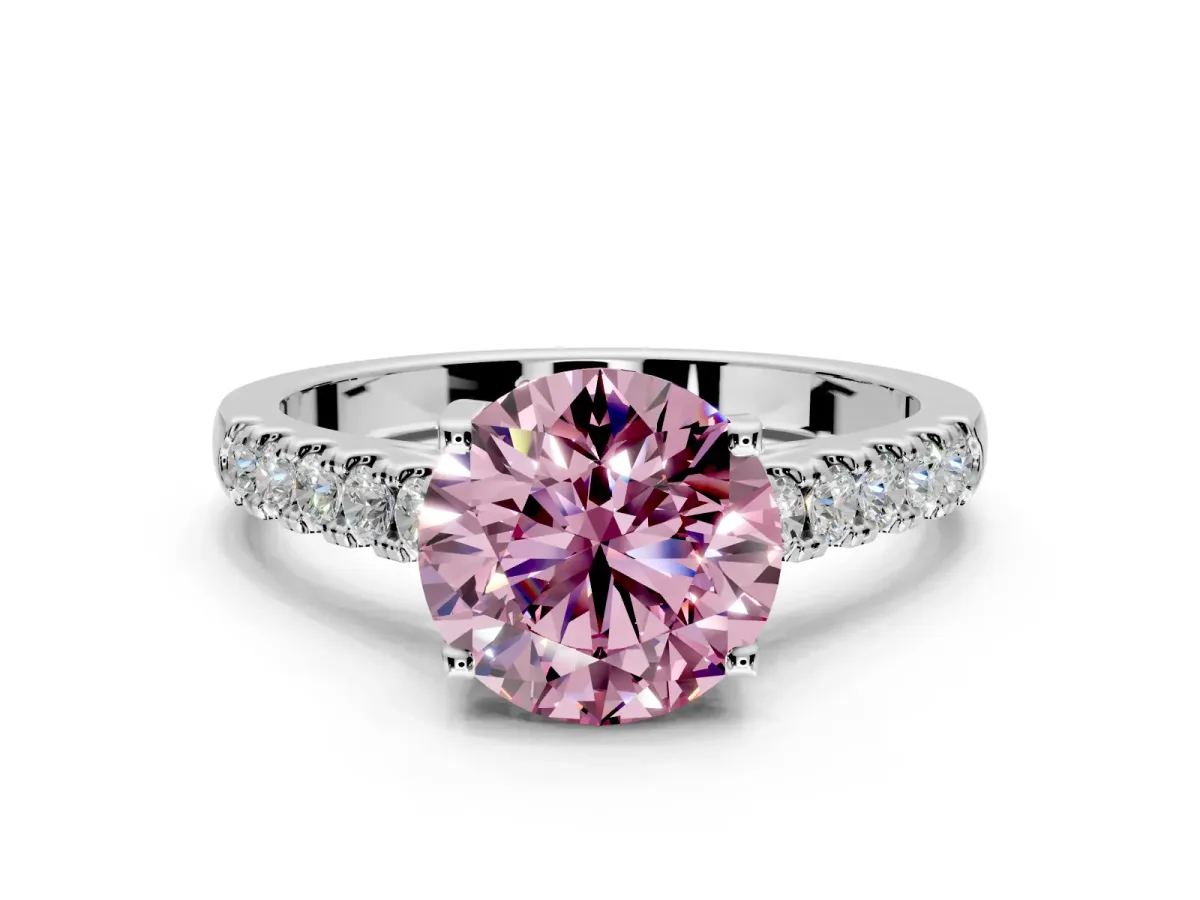 Solitaire Engagement Ring Setting for Fancy Pink Round Cut Center with Partway Pave Band and Prong Head in Platinum