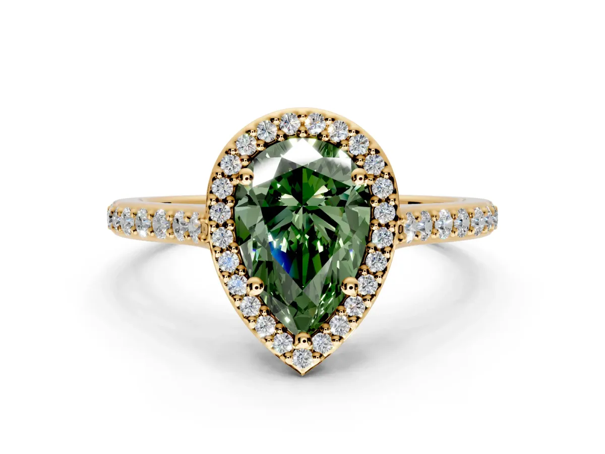 Halo Engagement Ring Setting for Fancy Green Pear-Shaped Center with Pave Accents, Heart Basket and Prong Head in Yellow Gold