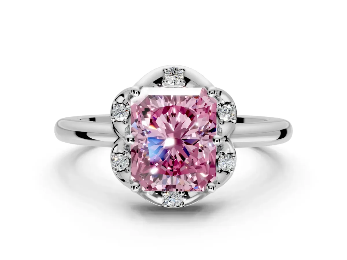 Floral Frame Engagement Ring Setting for Fancy Pink Radiant Cut Center with Accent Clusters and Prong Head in Sterling Silver
