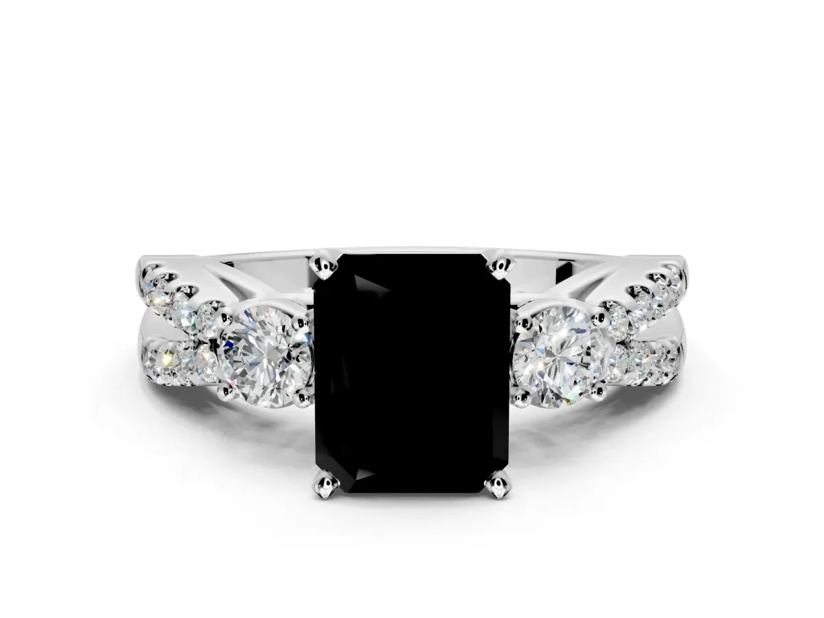 3 Stone Engagement Ring Setting for Fancy Black Radiant Cut Center with Pave Split Shank and Prong Head in Platinum