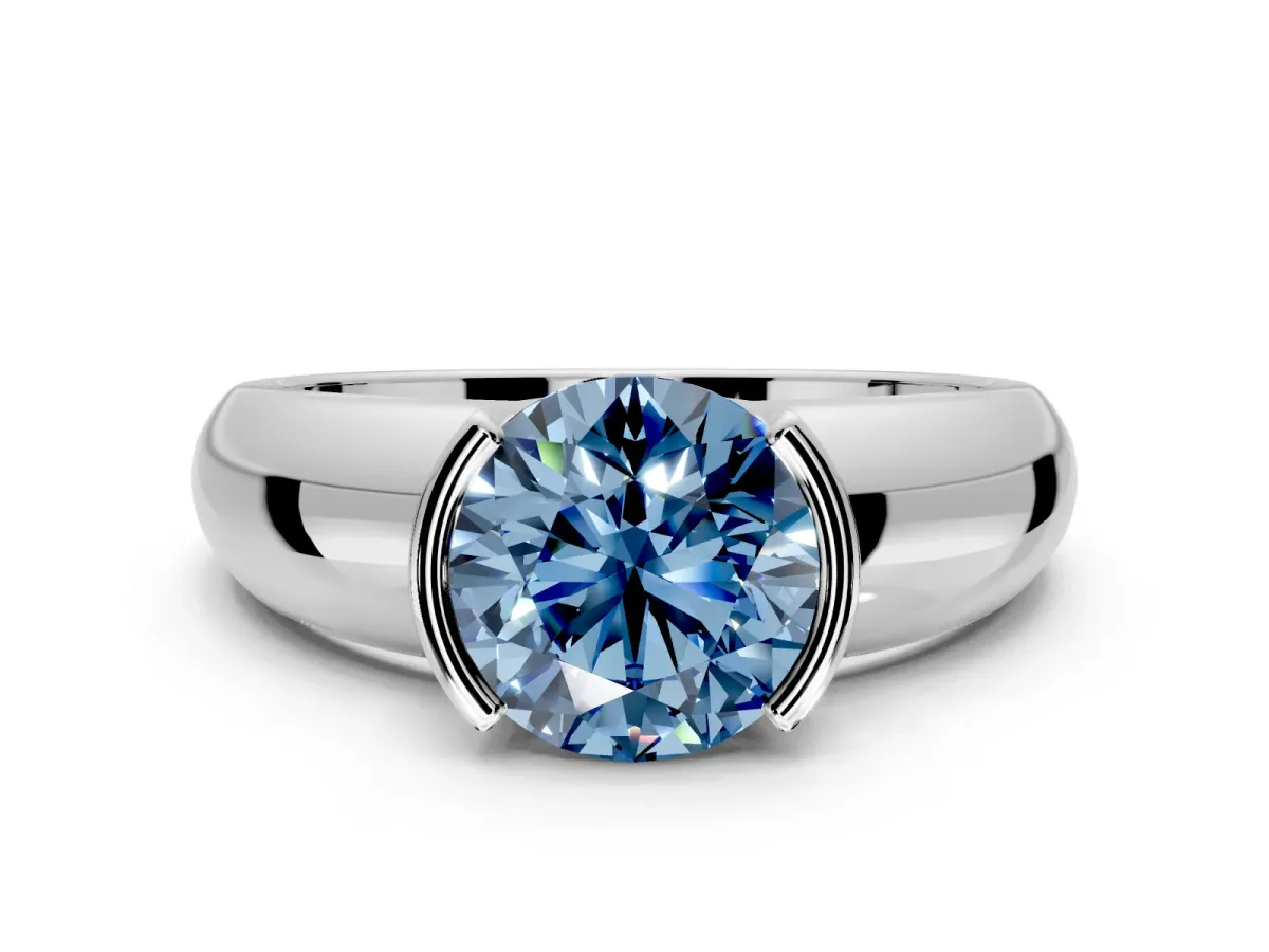 Tension Engagement Ring Setting for Fancy Blue Round Cut Center with Wide Flat Band and Tension Head in Platinum
