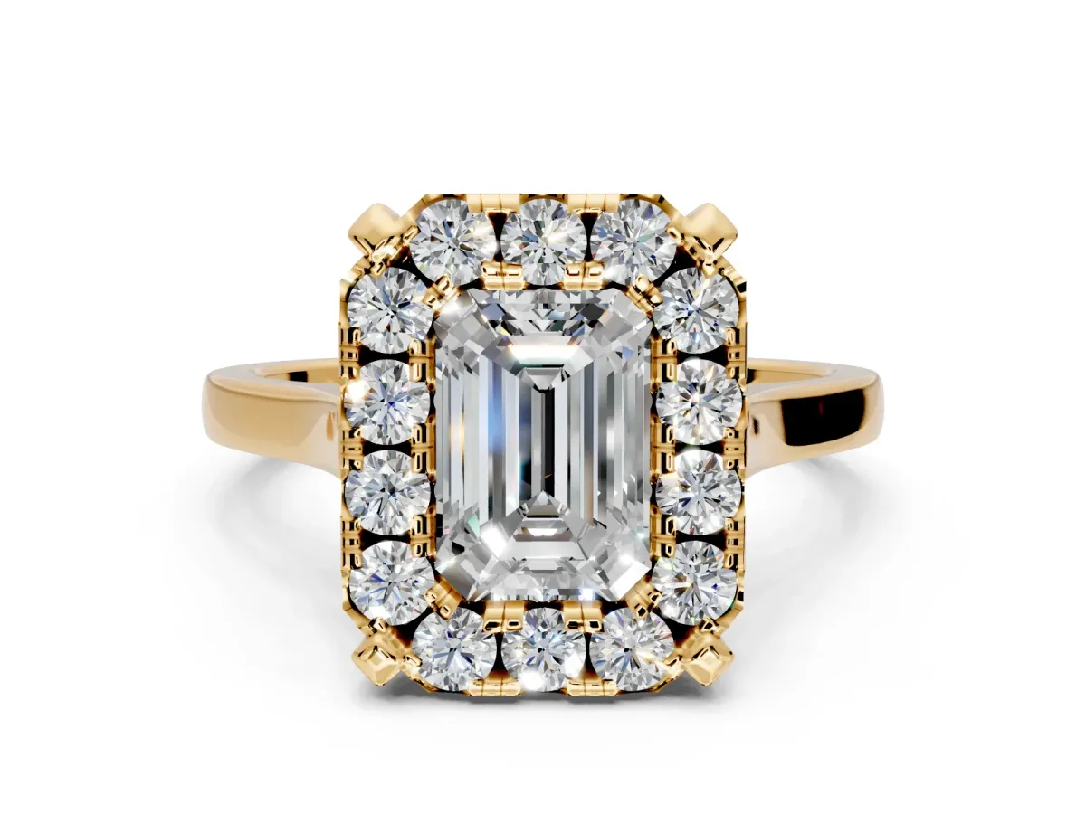 Single Halo Engagement Ring Setting for Emerald Cut Center with Corner Claws, Plain Band and Prong Head in Yellow Gold