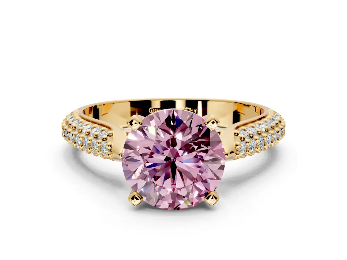 Solitaire Engagement Ring Setting for Fancy Pink Round Cut Center with Multi-Row Accents and Prong Head in Yellow Gold