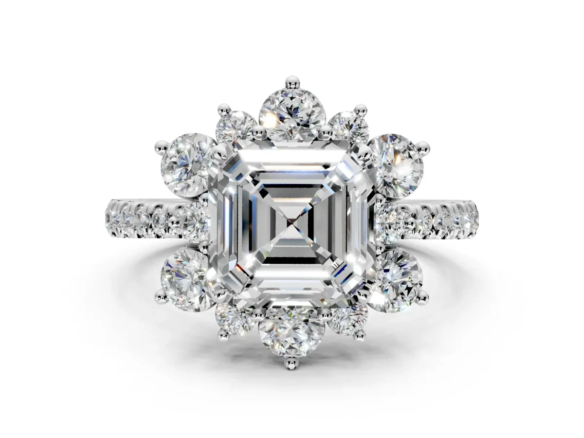 Floral Halo Engagement Ring Setting for Asscher Cut Center with Pave Accents and Prong Head in White Gold