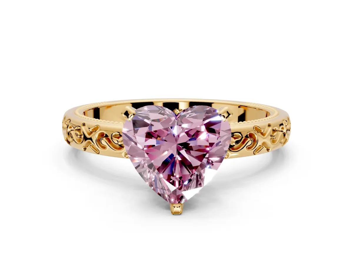 Solitaire Engagement Ring Setting for Fancy Pink Heart-Shaped Center with Scrollwork Band and Prong Head in Yellow Gold