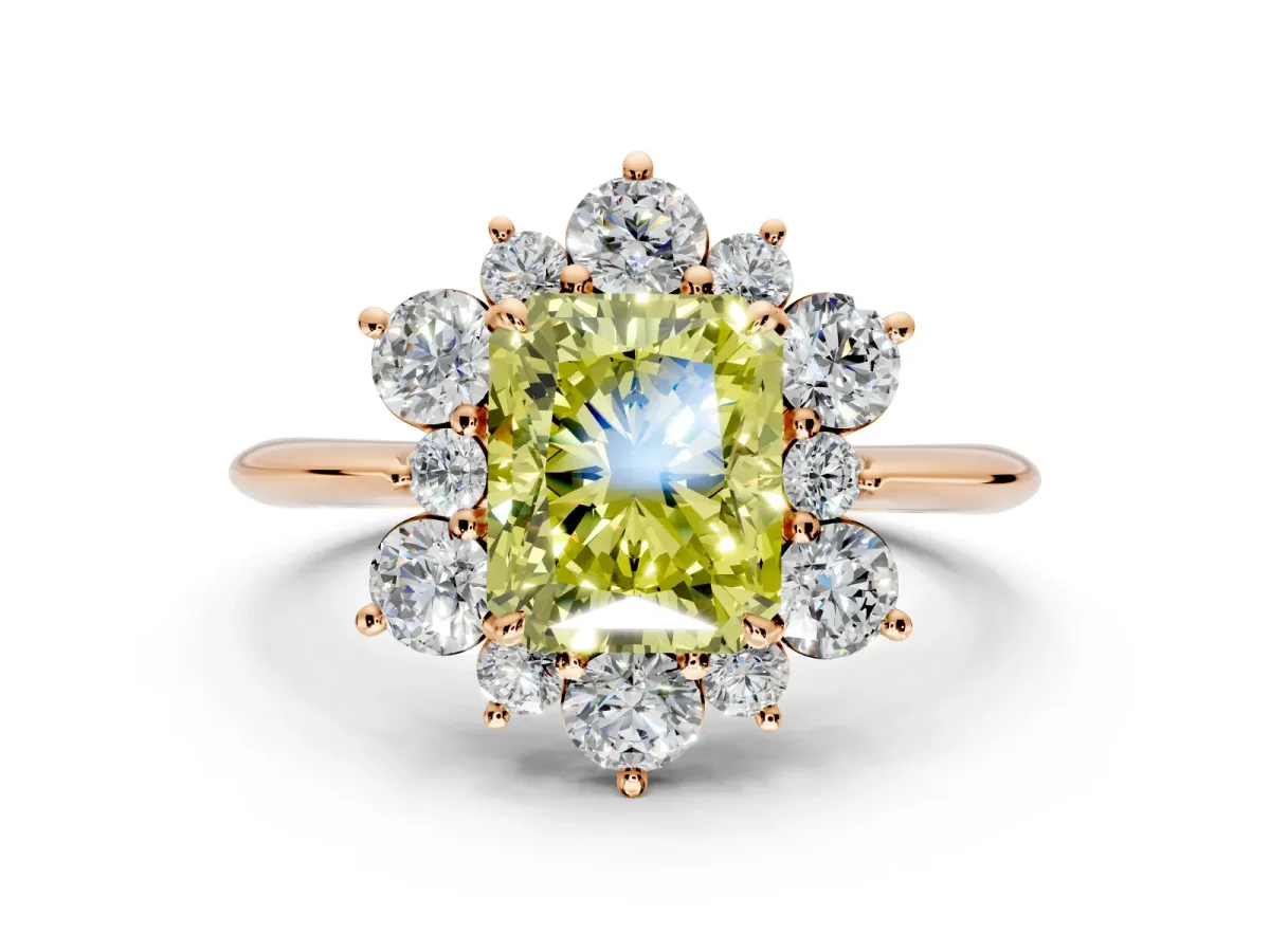 Small-Accent Cluster Halo Engagement Ring Setting for Fancy Yellow Radiant Cut Center with Plain Band and Prong Head in Rose Gold