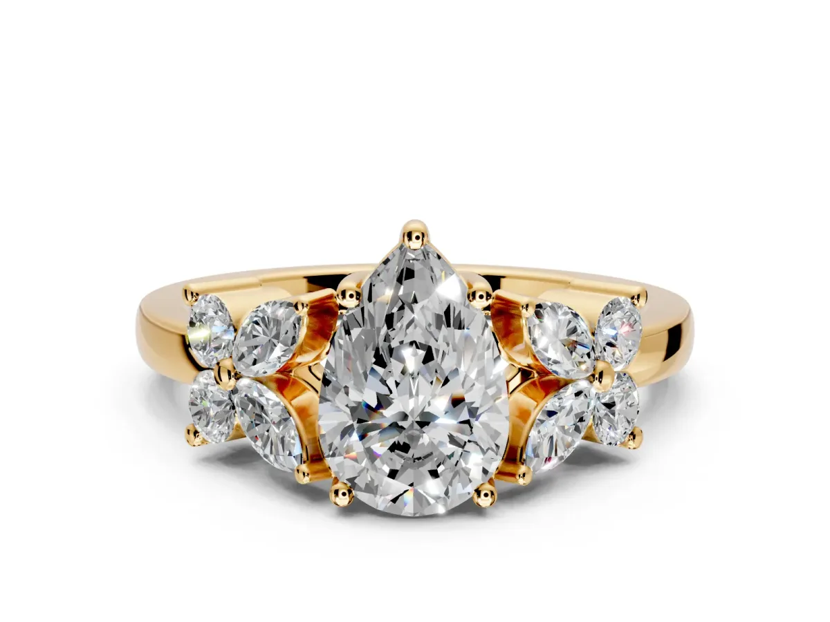 Floral Engagement Ring Setting for Pear-Shaped Center with Marquise Cluster Shoulders and Prong Head in Yellow Gold