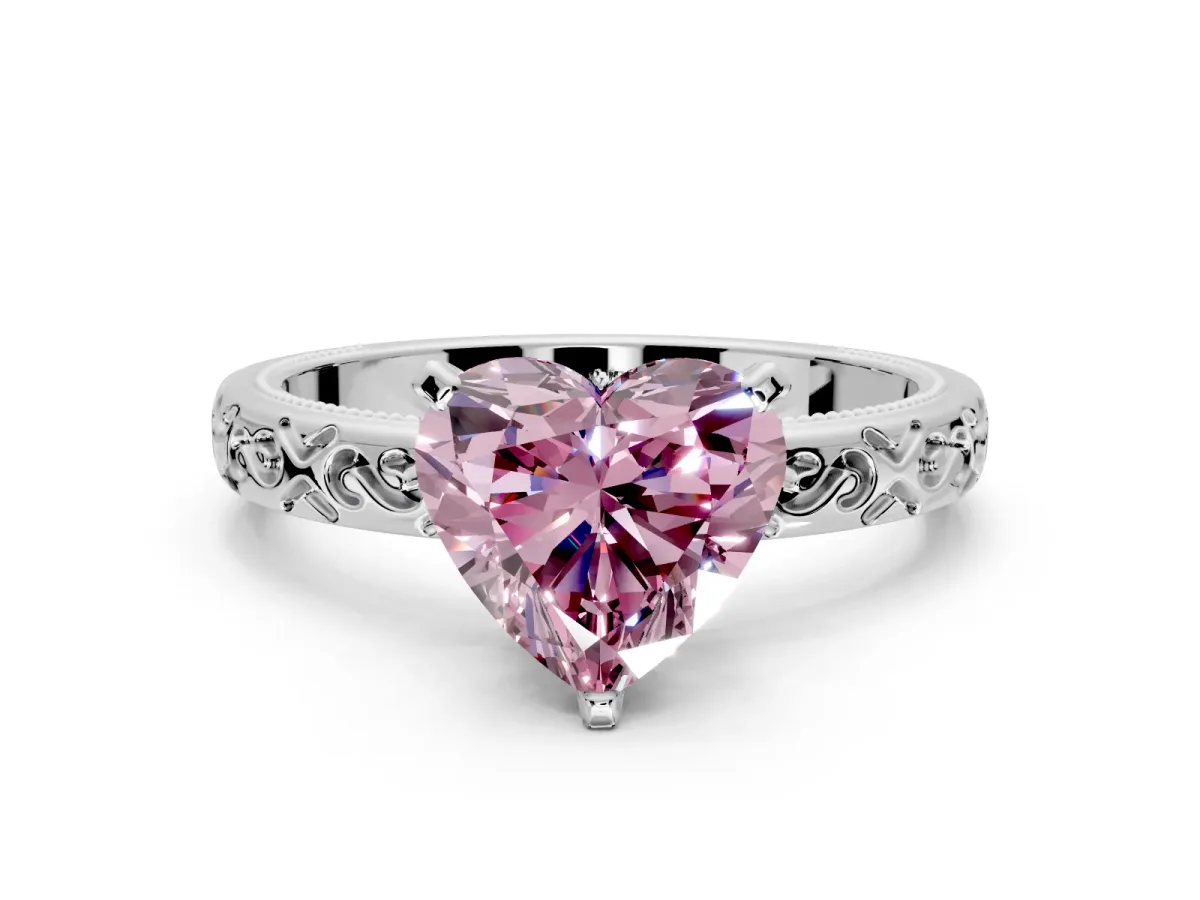 Solitaire Engagement Ring Setting for Fancy Pink Heart-Shaped Center with Scrollwork Band and Prong Head in White Gold