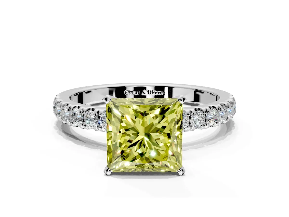 Open Basket Engagement Ring Setting for Fancy Yellow Princess Cut Center with Pave Band and Prong Head in Sterling Silver