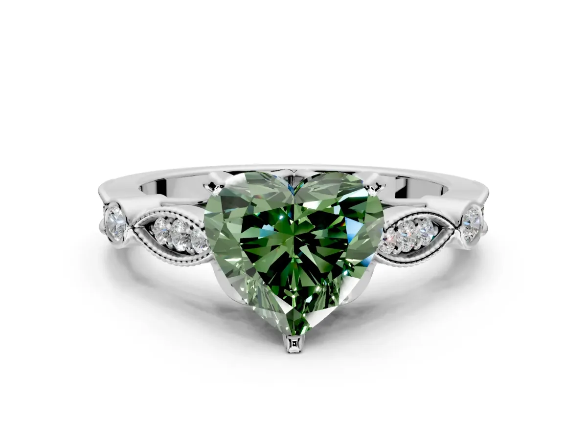 Solitaire Engagement Ring Setting for Fancy Green Heart-Shaped Center with Marquise and Bezel Accents and Prong Head in White Gold