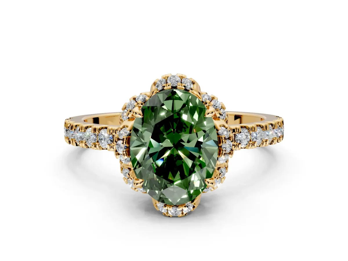 Halo Engagement Ring Setting for Fancy Green Oval Center with Openwork Halo, Pave Band and Prong Head in Yellow Gold